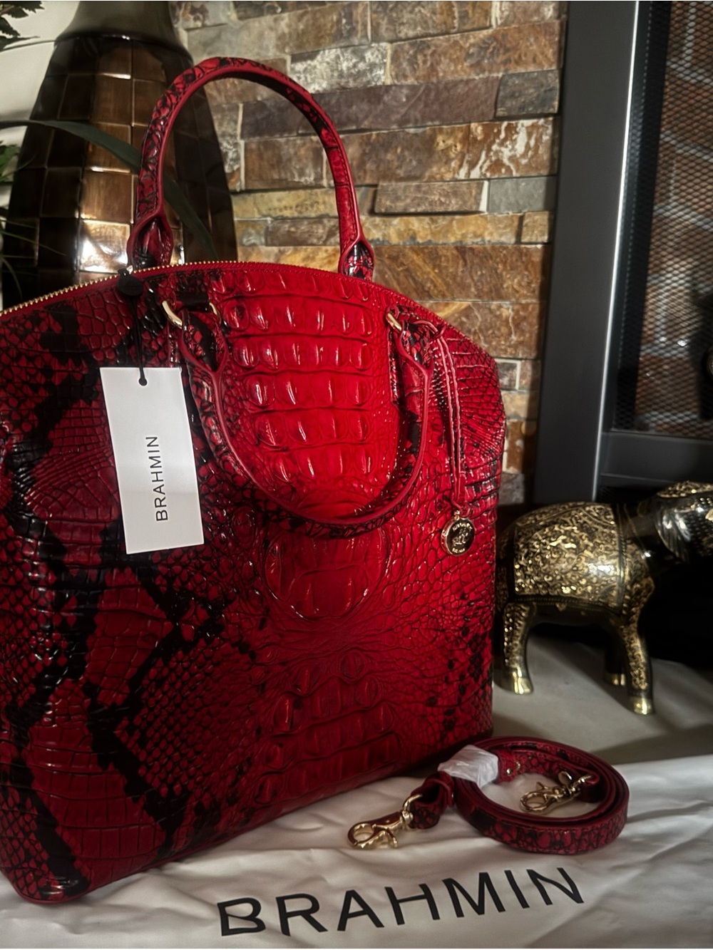 Brahmin Red and Black Croc-Embossed Satchel. Approx: 14.2" W X 12" H X 5" D - Picture 6 of 7